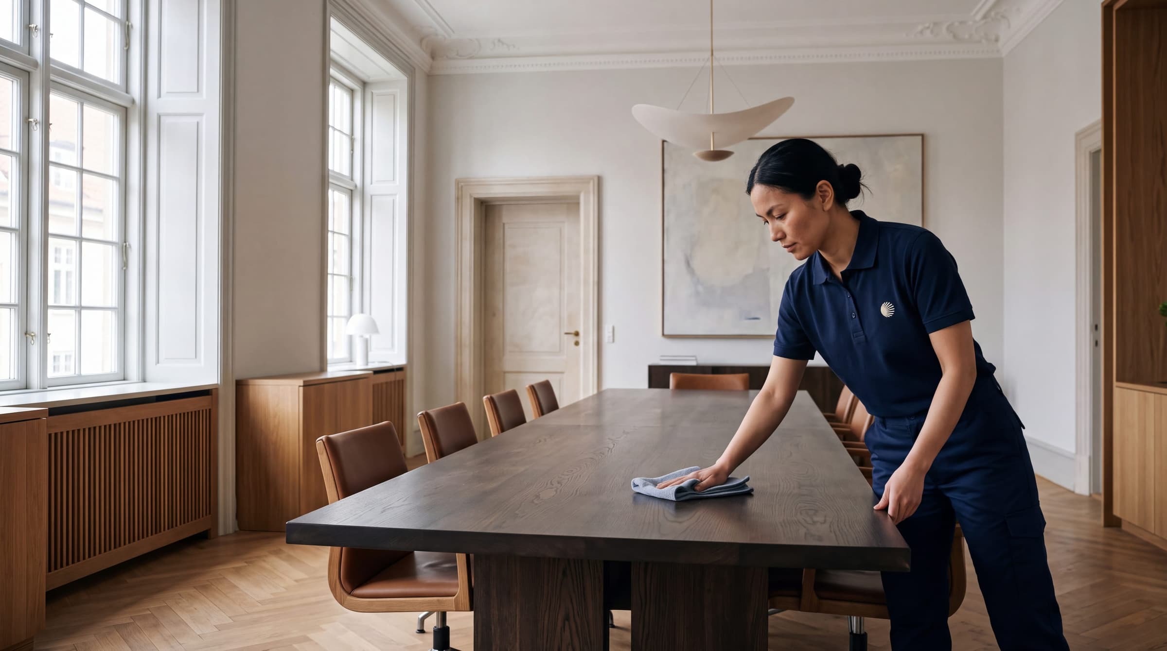 Medarbejder i Solas arbejdstøj tørrer et langt mødebord af i et lyst, klassisk lokale